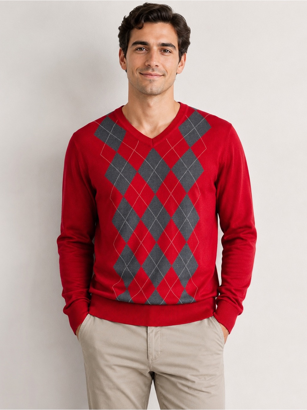 Banana Republic Men’s M Silk Cashmere Argyle V-Neck Sweater Red Gray